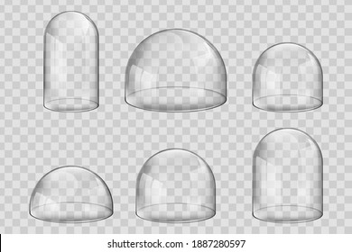 Various size and spherical shape glass domes or bell jars. Set of transparent forms for kitchen utensils, exhibitions and presentations, Christmas souvenirs.