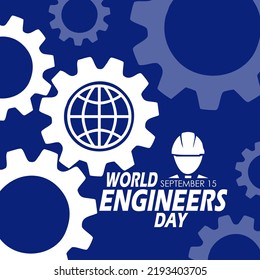 Diversos tamaños de equipo con icono del globo y icono del ingeniero con texto en negrita sobre fondo azul oscuro para conmemorar el Día Mundial de los Ingenieros el 15 de septiembre