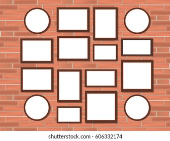 Various Sizes Pictures Photo Frames Set Realistic frame mock-up on light grunge Red Bricks Wall Background. Vector illustration