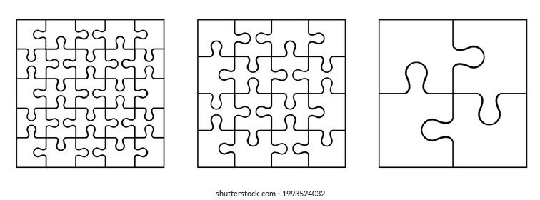 Various sizes puzzle set.Puzzle pieces assembled together in square patterns of different sizes.Set of white puzzle pieces on white background.Vector illustration