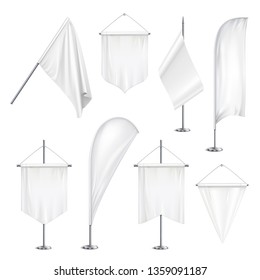 Various sizes shapes pennants banners flags  white blank hanging and on pole stands realistic set vector illustration