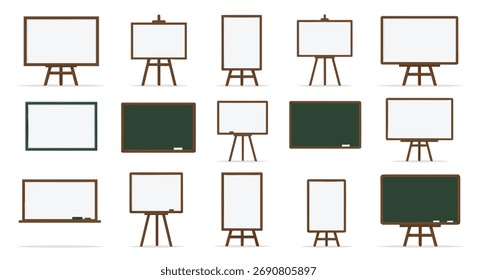 Diversos tamaños y tipos de tableros de presentación mostrados en caballetes con superficies de escritura en blanco.