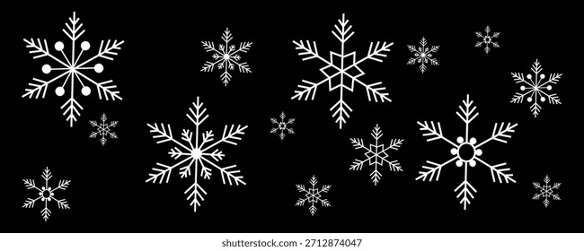 Various sizes of white stylized snowflake icons float across a deep black canvas creating a dramatic high contrast winter overlay perfect for holiday promotions or seasonal graphic design projects.