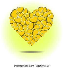 Various sizes of yellow hearts in the shape of a large heart, vector illustration
