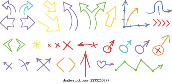 Varios esbozos Flechas de dibujo, punteros de dirección, formas y objetos. Líneas de color, curvas, puntos, espiral.