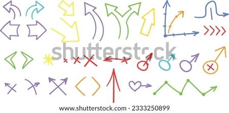 Various sketch Doodle Arrows, Direction pointers Shapes and Objects. Free color lines, curves, dots, spiral.