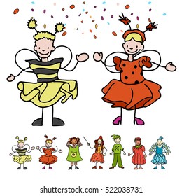 Various sketched flat Children celebrate Carnival, hand-drawn vector Artwork