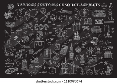 Various sketches on school subjects. Hand sketches on the theme of Maths and geometry. Chalkboard. Vector illustration. Doodle set. 