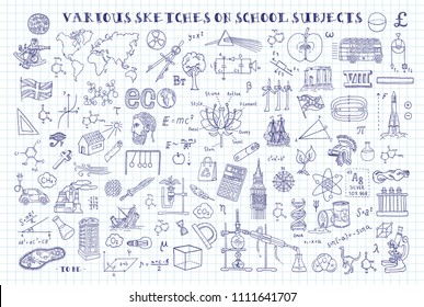 Various Sketches On School Subjects. Hand Sketches On The Theme Of Maths And Geometry.   Note Book Page Paper. Vector Illustration. Doodle Set.