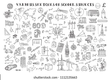 Various sketches on school subjects. Hand sketches on the theme of Maths and geometry. Vector illustration. Doodle set.