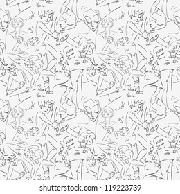 Various sketches of people. Seamless pattern