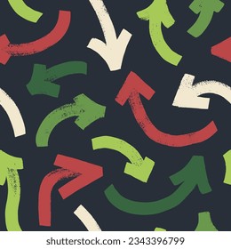 Verschiedene skizzenhafte, fette Pinsel gezeichnete Pfeile nahtlos Muster. Handgezeichnet verschiedene gewölbte Linien, gewellte, gewölbte mehrfarbige Pfeile. Nahtlose abstrakte geometrische Muster im skizzenhaften Grunge-Stil.