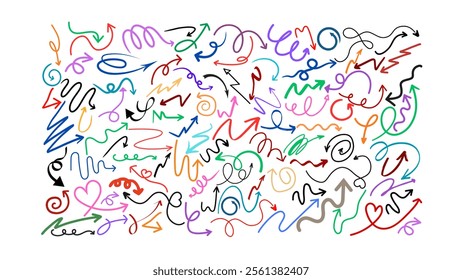 Various sketchy Doodle arrows colorful curved arrows Freehand colorful Lines curves dots stroke style Grunge texture Hand drawn abstract Vector set, spiral Brush Direction pointers Shapes and Objects.