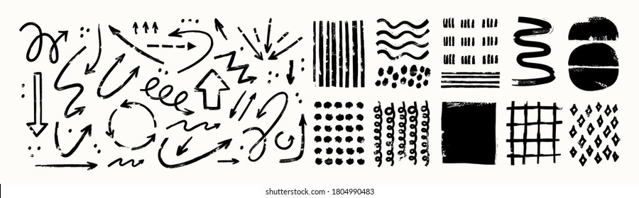 Various sketchy Doodle Arrows, Direction pointers Shapes and Objects. Freehand black Lines, curves, dots, spiral. Brush stroke style. Grunge texture. Hand drawn abstract Vector set