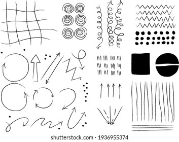 Various sketchy Doodle Arrows, Direction pointers Shapes and Objects. Freehand black Lines, curves, dots, spiral, grid. Brush stroke style. Grunge texture. Hand drawn abstract Vector set