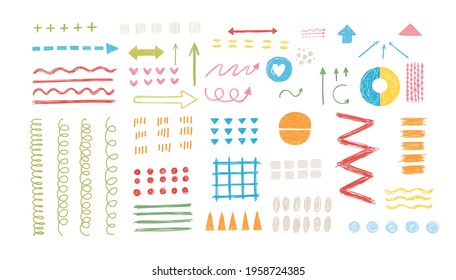 Various sketchy Doodle Arrows, Direction pointers Shapes and Objects. Freehand colorful Lines, curves, dots, spiral. Brush stroke style. Grunge texture. Hand drawn abstract Vector set