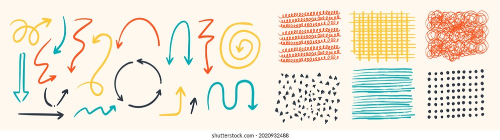 	
Verschiedene skizzenhafte Doodle-Pfeile, Direction Zeiger Formen und Objekte. Freehe und bunt Linien, Kurven, Punkte, Spirale. Pinselstrich-Stil. Grunge Textur. Handgezeichneter abstrakter Vektorset