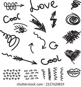 Diversas flechas de dibujo de dibujos de dibujos, direcciones punteros, formas y objetos. Líneas negras, curvas, puntos, espiral. Estilo de trazo de pincel. Conjunto de vectores abstractos dibujados a mano