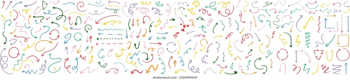 Various sketchy Doodle Arrows, Direction pointers Shapes and Objects. Direction pointers. Different shapes. Vector illustration