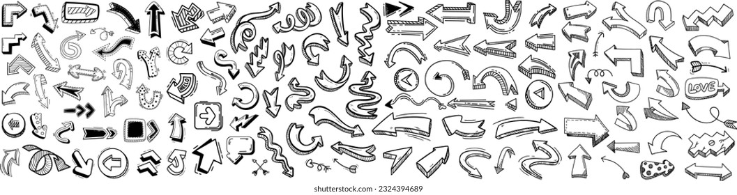 Various sketchy Doodle Arrows, Direction pointers Shapes and Objects. Direction pointers. Different shapes. Vector illustration