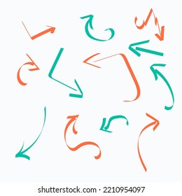 Various sketchy Doodle Arrows. Hand drawn simple symbols. Brush stroke style. Curly and wave orientation pointers. Editable vector stroke