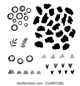 Various sketchy doodle hapes and objects. Freehand black hearts, curves, dots, spiral, leaves, leopard shapes. Grunge style. Hand drawn abstract vector set.