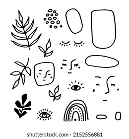 Diversas formas y objetos de doodle. Curvas negras, puntos, espiral, caras, arcos torrenciales, hojas. Estilo Grunge. Conjunto de vector abstracto dibujado a mano. Todos los elementos están aislados
