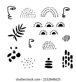 Diversas formas y objetos de doodle. Curvas negras, puntos, espiral, caras, arcos torrenciales, hojas. Estilo Grunge. Conjunto de vector abstracto dibujado a mano. Todos los elementos están aislados