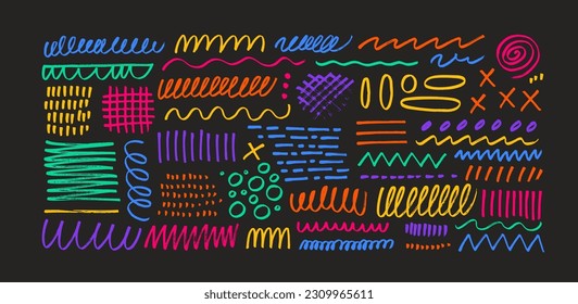 Various sketchy doodle lines and geometric shapes. Multi colored hand drawn confetti, freehand colorful texture. Vector marker lines, swirls, dots and doodles. Pencil scribble, squiggles.