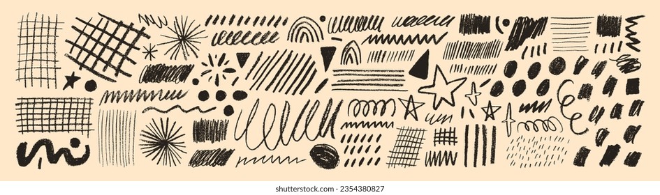 Various sketchy doodle shapes and lines. Charcoal or pencil grids, dots, stars, wavy lines, squiggle and swirls. Childish freehand drawing. Pencil sparkles and emphasis elements. Hand drawn strokes.