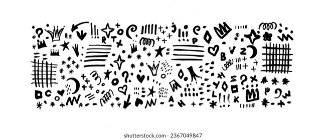 Various sketchy doodle shapes and lines. Charcoal or pencil grids, dots, stars, wavy lines, crowns, squiggle and swirls. Childish freehand drawing. Pencil sparkles and emphasis elements. 