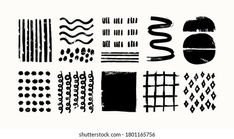 Various sketchy Doodle Shapes and Objects. Freehand black Lines, curves, dots, spiral. Brush stroke style. Grunge texture. Hand drawn abstract Vector set. All elements are isolated