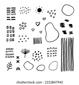 Various sketchy doodle shapes and objects. Freehand black curves, dots, spiral, faces, boho rainbows, leaves. Grunge style. Hand drawn abstract vector set. All elements are isolated