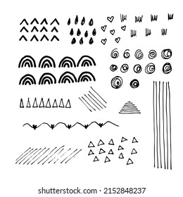 Various sketchy doodle shapes and objects. Freehand black hearts, curves, dots, spiral, boho rainbows. Grunge style. Hand drawn abstract vector set. All elements are isolated