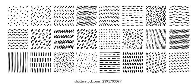 Various sketchy doodle texture and patterns for illustrations. Hand drawn charcoal, pencil and crayon lines, dots, straight strokes, squiggles. Abstract doodle modern childish backgrounds.