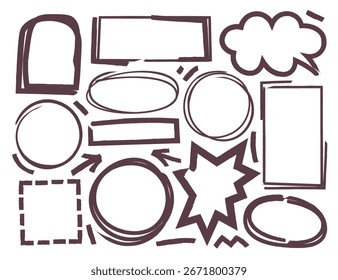Varios marcos y Formas incompletas en un estilo dibujado a mano. Diferentes contornos y formas crean una composición dinámica. Ilustración vectorial de dibujos animados.