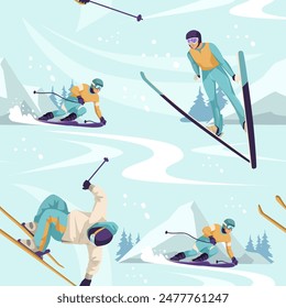 Various skiers in action on snowy mountains background. Winter sports concept. Vector illustration