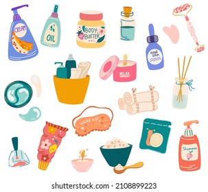 Diversos cuidados de la piel, productos de belleza. Recogida de productos cosméticos. Cremas, loción, sal de baño de champú, mascarilla facial, parches para los ojos, rodillos de masaje, velas. Limpieza, hidratación, tratamiento. Vector