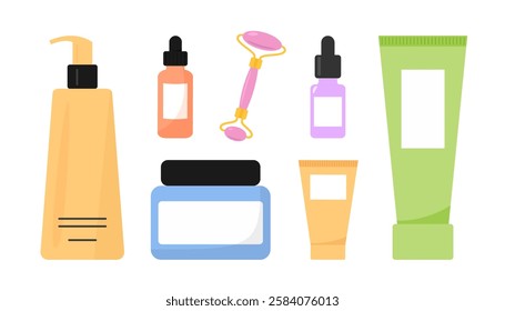 Various skincare and beauty products, including bottles, jars, and a roller. flat style on a white background, self-care