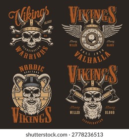 Various skull designs with Viking elements. Symbols include helmets wings and axes. The styles reflect Scandinavian culture and history.