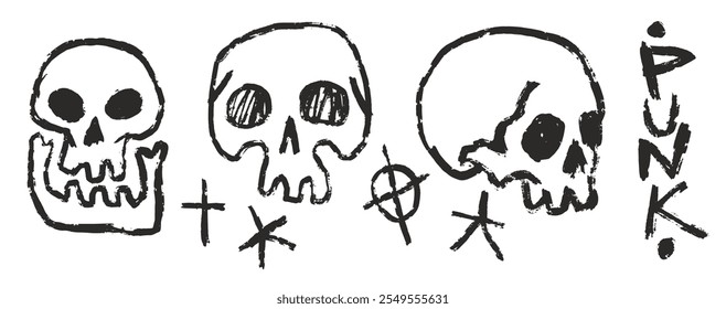 Diversos dibujos de calaveras se presentan en un estilo de boceto audaz que muestra Elementos punk como símbolos cruzados y signos de anarquía, todos estampados con la palabra punk en un lugar destacado.