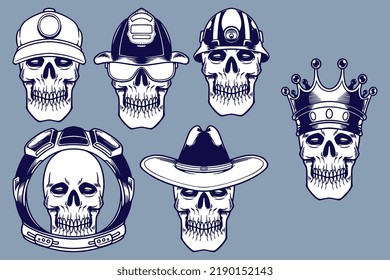 various skull and head gear vector illustration set monochrome style
