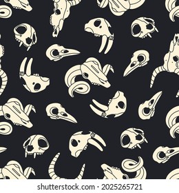 Various Skulls of different animals and birds. Skull of ram, cat or tiger, buffalo or cow, saber toothed lion, lynx. Hand drawn trendy Vector seamless Pattern. Square background, wallpaper