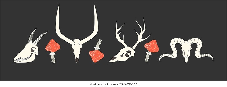Various skulls of different animals, fly agaric. Black background. Vector illustration, Halloween.
