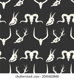 Various skulls of different animals. Vector illustration, halloween. Square background, wallpaper.