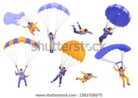 Various skydivers with parachutes in action on white background. Vector illustration