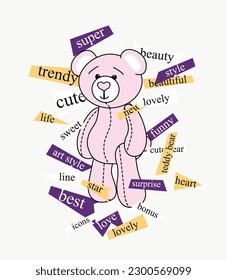 various slogans and teddy bear vector pattern