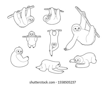 Various Sloth Pose Cute Cartoon Vector Coloring Book