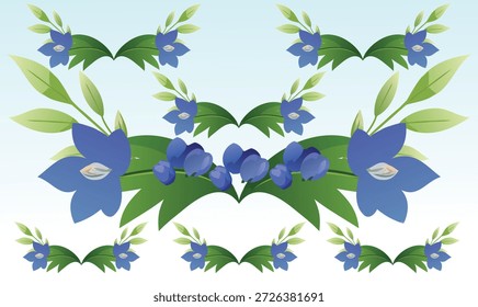 Varias flores azules Pequeñas y grandes decoran con pantalla de hojas verdes sobre fondo blanco