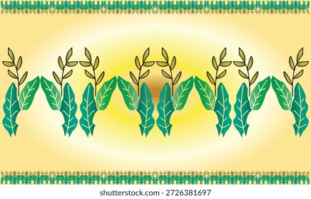 Várias pequenas e grandes combinações de folhas verdes juntas fazem arte em borda horizontal no fundo amarelo abstrato